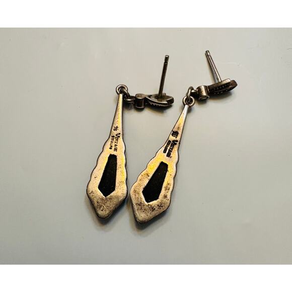 Vintage Sterling Silver Onyx Marcasite Earrings - Picture 3 of 5